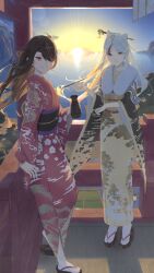 2525_lynn 2girls absurdres alternate_costume beidou_(genshin_impact) bottle brown_hair cloud_print dragon_print eyepatch floral_print genshin_impact hair_ornament hair_over_one_eye hair_stick highres holding holding_bottle japanese_clothes kimono long_hair long_sleeves multiple_girls ningguang_(genshin_impact) obi obiage obijime parted_bangs red_eyes red_kimono sandals sash socks sun sunrise tabi white_hair white_socks wide_sleeves yellow_kimono