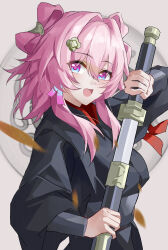 1girl absurdres alternate_costume black_robe breasts commentary_request evzeva grey_background hair_intakes highres holding holding_sword holding_weapon honkai:_star_rail honkai_(series) march_7th_(honkai:_star_rail) medium_hair multicolored_eyes open_mouth pink_hair robe smile solo sword two-tone_eyes upper_body weapon