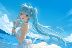 1girl :d absurdres arahashi_tabi back_bow bare_arms blue_eyes blue_hair blue_skirt bouquet bow breasts day dress floating_hair flower from_side hair_bow highres holding holding_bouquet island long_hair looking_at_viewer medium_breasts mountainous_horizon ocean open_mouth outdoors skirt smile solo standing stellive strapless strapless_dress sunj000 twintails very_long_hair virtual_youtuber wedding_dress white_bow white_dress white_flower