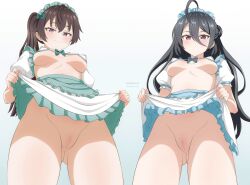 Rule 34 | 2girls, absurdres, ahoge, apron, aqua apron, aqua bow, aqua skirt, artist name, audirenze, bikini, bikini top only, black hair, blue apron, blue bow, blue skirt, blush, bow, breasts, brown hair, choppy bangs, cleft of venus, closed mouth, clothes lift, commentary, cowboy shot, detached sleeves, double-parted bangs, english commentary, expressionless, eyelashes, fingernails, frilled skirt, frilled sleeves, frills, hair between eyes, hair bow, hair bun, high-waist skirt, highres, huge ahoge, kimishima ayano, large breasts, layered skirt, legs apart, lifting own clothes, long bangs, long hair, looking at viewer, looking down, maid, maid apron, maid headdress, micro bikini, multiple girls, no panties, one side up, ponytail, purple eyes, pussy, short sleeves, simple background, skirt, skirt lift, smile, standing, straight hair, string bikini, suou yuki, swimsuit, tokidoki bosotto roshia-go de dereru tonari no alya-san, uncensored, variant set, very long hair, waist apron, white background, white bikini, white sleeves