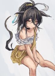 1girl ahoge alternate_hairstyle animal_ears bare_shoulders bikini bikini_top_only black_choker black_hair choker collarbone crossed_bangs dress ear_tag earrings ears_down frilled_bikini frills furrowed_brow grey_hair hair_between_eyes hand_between_thighs high_ponytail horse_ears horse_girl horse_tail jewelry long_bangs long_hair long_hair_between_eyes looking_at_viewer manhattan_cafe_(umamusume) multicolored_hair on_ground parted_lips ponytail simple_background single_earring single_off_shoulder sitting solo strap_slip swimsuit tail umamusume white_background white_bikini yanagi_wakana yellow_dress yellow_eyes