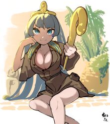 1girl artist_name blue_eyes blue_hair breasts brown_shirt brown_shorts cleavage facial_mark feet_out_of_frame hair_bobbles hair_ornament hand_on_own_cheek hand_on_own_face highres holding holding_scepter jizou large_breasts long_hair looking_at_viewer michigami_nareko outstretched_arm partially_unbuttoned plant scepter shirt shorts sitting smile solo suarokin touhou triangle triangle_facial_mark usekh_collar very_long_hair