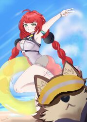 Rule 34 | 1girl, alternate costume, ass, bare shoulders, blush, braid, breasts, dog, dowob, dress, from behind, green eyes, grin, innertube, long hair, looking at viewer, medium breasts, panties, pantyshot, red hair, short dress, smile, swim ring, twin braids, ukinami yuzuha, underwear, v, very long hair, zenless zone zero