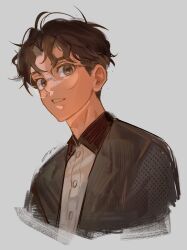 Rule 34 | 1boy, black hair, closed mouth, collared shirt, cropped torso, dandadan, glasses, grey background, highres, male focus, on0n, rimless eyewear, round eyewear, shirt, short hair, simple background, solo, takakura ken (dandadan), teeth, white shirt