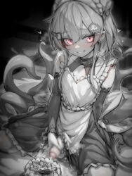 Rule 34 | 1futa, arknights, artist name, blur censor, cake, censored, commentary request, cum, cum on food, detached sleeves, ejaculation, food, futanari, greyscale, hair ornament, heart, heart-shaped pupils, highres, kupa (jesterwii), long hair, looking at viewer, maid, maid headdress, mizuki (arknights), monochrome, penis, pink eyes, sitting, smile, solo, symbol-shaped pupils, tentacles, trap
