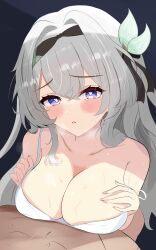 1boy 1girl absurdres black_hairband blue_eyes blush breasts collarbone commentary_request firefly_(honkai:_star_rail) grey_hair hairband highres honkai:_star_rail honkai_(series) large_breasts long_hair multicolored_eyes nuuuukoame out_of_frame purple_eyes two-tone_eyes