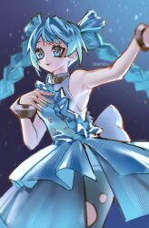 1girl absurdres aqua_dress aqua_eyes aqua_hair blue_background bracelet dress hatsune_miku highres idamaria jewelry looking_at_viewer pantyhose sleeveless sleeveless_dress solo twintails vocaloid