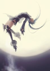 1girl arched_back armored_boots belt black_boots black_gloves black_hair black_jacket black_shorts black_skirt black_sleeves boots cross d.gray-man floating floating_hair flying front_zipper full_moon gloves green_eyes high_heel_boots high_heels highres jacket kyou legs lenalee_lee long_hair long_sleeves looking_ahead looking_at_viewer miniskirt moon night night_sky shorts sidelocks single_glove skirt sky solo striped_clothes striped_jacket thigh_strap thighs twintails white_stripes zipper