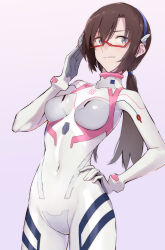 1girl arms_up blue_eyes bodysuit breasts brown_hair commentary_request evangelion:_3.0+1.0_thrice_upon_a_time full_body glasses hairband hand_on_own_hip high_ponytail highres long_hair looking_at_viewer makinami_mari_illustrious mecha_pilot_suit medium_breasts neon_genesis_evangelion official_alternate_costume pink_background plugsuit_(evangelion) ponytail rebuild_of_evangelion red-framed_eyewear simple_background smile solo standing white_bodysuit yagisawa_teru
