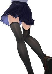 Rule 34 | 1girl, absurdres, black pantyhose, black thighhighs, floating clothes, from below, highres, long legs, lower body, original, out of frame, over-kneehighs, pantyhose, pleated skirt, school uniform, simple background, skirt, socks, straydogshelter, thighhighs, thighs, white background, zettai ryouiki