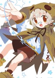 Rule 34 | 1boy, @ @, bbf2eo9d0rfx9sa, ben-day dots, blush, brown cape, brown hood, brown ribbon, brown shoes, brown shorts, brown socks, cape, demon boy, disgaea, glasses, grey hair, happy, highres, orange eyes, pince-nez, pointy ears, ribbon, screentones, shirt, shoes, shorts, skull (disgaea), socks, star (symbol), star symbol background, stitches, white background, white shirt