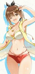 Rule 34 | 1girl, absurdres, atelier (series), atelier ryza, bare shoulders, bikini, black ribbon, brown eyes, brown hair, collarbone, cowboy shot, gluteal fold, hair ribbon, hat, highres, hood, hooded jacket, jacket, jewelry, komurice, navel, one eye closed, pendant, red bikini, reisalin stout, ribbon, short hair, simple background, solo, swimsuit, white background, white bikini, white hat, yellow jacket