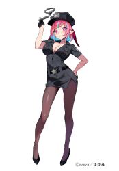 1girl absurdres arm_up artist_name belt black_belt black_dress black_gloves black_hat black_shoes blue_hair breasts brown_pantyhose cleavage collarbone collared_dress colored_inner_hair contrapposto cuffs demon_girl demon_horns dress full_body gloves handcuffs hat highres holding holding_handcuffs horns kanan-sama_wa_akumade_choroi kanan_(kanan-sama) knees large_breasts looking_at_viewer medium_hair multicolored_hair nonco pantyhose pink_eyes pink_hair pink_horns police police_uniform policewoman shoes short_sleeves simple_background slit_pupils solo streaked_hair thighs two-tone_hair white_background