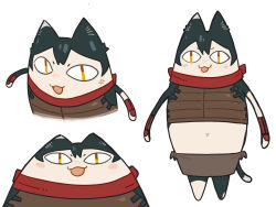 &lt;|&gt;_&lt;|&gt; 1girl :3 anger_vein animal_ears azumanga_daiou black_hair brown_skirt cat_ears cat_girl cat_tail commentary_request dungeon_meshi full_body izutsumi kokuya_(kokuya28) looking_at_viewer mihama_chiyo&#039;s_father multiple_views open_mouth red_scarf scarf simple_background skirt smile tail white_background x_navel yellow_eyes