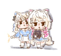 Rule 34 | animal ear fluff, animal ears, black eyes, blonde hair, blue camisole, blue hair, blue jacket, blue skirt, blush, camera, camisole, chibi, dog ears, dog girl, dog tail, full body, fuwawa abyssgard, fuwawa abyssgard (casual), holding, holding camera, hololive, jacket, long hair, mococo abyssgard, mococo abyssgard (casual), nekoyama, pink hair, pink jacket, short hair, simple background, skirt, tail, virtual youtuber, white background, white skirt
