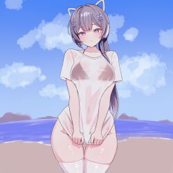 1girl animal_ear_headphones animal_ears beach bikini blue_eyes blue_sky blush bottomless bow breasts cat_ear_headphones closed_mouth cloud collarbone cowboy_shot fake_animal_ears hair_bow hair_ornament hairclip headphones heart highres indie_virtual_youtuber large_breasts long_hair looking_at_viewer ocean outdoors ponytail rapid17 see-through_clothes shirt short_sleeves skindentation sky smile solo swimsuit thighhighs thighs v_arms white_shirt white_thighhighs x_hair_ornament