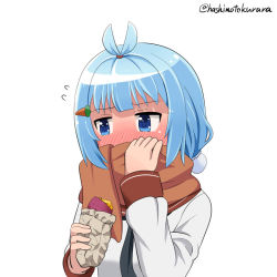 Rule 34 | 1girl, blue eyes, blue hair, blush, brown scarf, carrot hair ornament, flying sweatdrops, food, food-themed hair ornament, full-face blush, hair ornament, hashimoto kurara, holding, holding food, itsumo hokuto, roasted sweet potato, scarf, scarf over mouth, school uniform, serafuku, shakunetsu no takkyuu musume, solo, sweet potato, twitter username, upper body