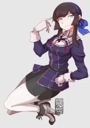 Rule 34 | 1girl, artist logo, blue hairband, boots, boushi-ya, breasts, brown hair, cosplay, freckles, gloves, green eyes, grey background, hair ornament, hairband, jacket, kantai collection, logo, long hair, long sleeves, looking at viewer, military uniform, mogador (kancolle), myoukou (kancolle), myoukou (kancolle) (cosplay), myoukou kai ni (kancolle), pantyhose, pencil skirt, purple jacket, skirt, solo, white gloves, white pantyhose