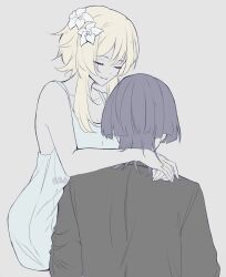 Rule 34 | 1boy, 1girl, absurdres, alternate costume, arms around neck, black hair, black shirt, blonde hair, blue dress, blunt ends, breasts, casual, cleavage, closed eyes, collarbone, contemporary, couple, dress, facing another, facing away, fingernails, genshin impact, gold ring, grey background, hands on another&#039;s shoulder, hetero, highres, husband and wife, jewelry, lumine (genshin impact), muted color, nicbuns, pale skin, ring, scaramouche (genshin impact), shirt, short hair, short hair with long locks, sidelocks, sleeveless, sleeveless dress, twitter username, wedding ring