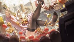 Rule 34 | 1boy, 2girls, absurdres, ahoge, animal ear fluff, animal ears, artist name, ball, ball pit, black thighhighs, bobadd, burger, chain-link fence, chicken (food), coca-cola, cola, colonel sanders, commentary request, commission, cup, disposable cup, egg tart, feet, fence, food, french fries, fried chicken, highres, ice, ice cube, kfc, long sleeves, multiple girls, no shoes, one eye closed, original, purple eyes, soles, solo focus, sweat, tail, thighhighs, torn clothes, torn thighhighs, variant set, white hair