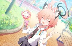 1girl ahoge animal_ear_fluff animal_ears banana banana_slice bench berry black_halo black_nails black_undershirt blue_archive blush bow braid cardigan cardigan_around_waist carousel cat_ears closed_eyes clothes_around_waist collarbone collared_shirt crepe dutch_angle earrings fake_animal_ears fang flat_chest floral_print_shirt food fruit game_cg hair_between_eyes hair_bow halo highres holding holding_crepe holding_food huge_ahoge ice_cream_crepe jewelry mole mole_under_each_eye mole_under_eye multiple_moles nail_polish neck_ribbon nemoga neru_(blue_archive) neru_(school_uniform)_(blue_archive) official_art open_clothes open_mouth orange_hair outdoors park_bench red_bow ribbon shirt short_hair single_braid smile solo sprinkles strawberry striped_bow stud_earrings undone_neck_ribbon v white_bow white_shirt wooden_bench