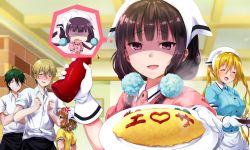 0141zucker 2boys 3girls :/ :d ^_^ akizuki_kouyou anger_vein apron blend_s blonde_hair blue_shirt blunt_bangs blush breasts brick_wall brown_hair cherry_tomato chibi clenched_hands closed_eyes collared_shirt commentary_request constricted_pupils crossed_arms dino_(blend_s) dress_shirt food frilled_apron frills frown glass gloom_(expression) gloves green_hair hair_between_eyes head_tilt height_difference hinata_kaho holding hoshikawa_mafuyu indoors jewelry ketchup ketchup_bottle large_breasts long_hair looking_at_another looking_at_viewer low_twintails motion_lines multiple_boys multiple_girls necklace nose_blush omelet omurice open_mouth pink_shirt plate profile puffy_short_sleeves puffy_sleeves purple_eyes sakuranomiya_maika shaded_face shirt short_hair short_sleeves smile speech_bubble steam sweat sweatdrop thought_bubble tomato tray twintails very_long_hair waist_apron waitress white_apron white_gloves white_shirt wing_collar yellow_shirt