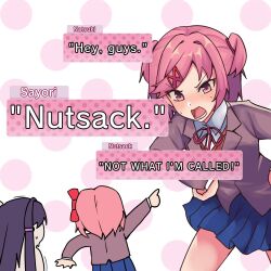 3girls blue_skirt blush bow brown_jacket chibi commentary doki_doki_literature_club doki_doki_literature_club_school_uniform english_commentary english_text fang hair_bow hair_ornament heads-up_display highres jacket lapels meme multiple_girls natsuki_(doki_doki_literature_club) nerunemuteto not_what_i&#039;m_called_(meme) notched_lapels open_mouth pink_background pink_eyes pink_hair pleated_skirt purple_hair red_bow red_ribbon ribbon sayori_(doki_doki_literature_club) school_uniform skin_fang skirt thighs two_side_up user_interface v-shaped_eyebrows x_hair_ornament yuri_(doki_doki_literature_club)