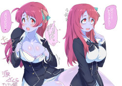1girl :o animankan black_bow black_bowtie bow bowtie bra breasts cleavage clothes_pull colored_skin grey_skin hair_ribbon highres index_finger_raised large_breasts minamoto_sakura multiple_views pink_bra pink_hair polka_dot polka_dot_ribbon pulling_own_clothes red_eyes red_hair ribbon scar scar_on_face school_uniform serafuku shirt_pull side_ahoge simple_background sitting speech_bubble thought_bubble translation_request underwear white_background zombie zombie_land_saga