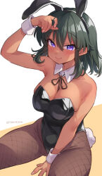 1girl alternate_costume animal_ears arm_up armpit_crease armpits black_leotard black_pantyhose blush breasts dark-skinned_female dark_skin detached_collar fake_animal_ears fake_tail fishnet_pantyhose fishnets green_hair highleg highleg_leotard highres idolmaster idolmaster_cinderella_girls large_breasts leotard looking_at_viewer natalia_(idolmaster) neck_ribbon pantyhose playboy_bunny purple_eyes rabbit_ears rabbit_tail ribbon ribbon_between_breasts sideboob simple_background sitting smile solo strapless strapless_leotard tail trente twitter_username two-tone_background wrist_cuffs