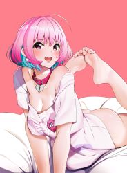 Rule 34 | 1girl, ahoge, ass, bare legs, bare shoulders, barefoot, blue hair, blush, bottomless, breasts, casino (casinoep), cleavage, collar, commentary request, earrings, fang, feet, feet up, female focus, hair intakes, heart-shaped lock, heart collar, heart on chest, highres, idolmaster, idolmaster cinderella girls, jewelry, large breasts, looking at viewer, lying, multicolored hair, naked shirt, no bra, off shoulder, on stomach, open mouth, pill earrings, pink eyes, pink hair, red background, shirt, short hair, short sleeves, soles, solo, the pose, toes, two-tone hair, yumemi riamu