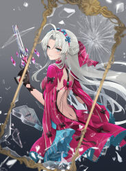1girl absurdres ahoge aqua_eyes back black_gloves bow carlotta_(wuthering_waves) commentary cowboy_shot earrings floating_hair forehead from_behind gloves grey_background gun hairband hand_up highres holding holding_gun holding_weapon jacket jewelry kampher_(yekxiong) md5_mismatch parted_bangs parted_lips pink_bow pink_hairband pink_jacket revision sidelocks smile solo striped_bow tacet_mark_(wuthering_waves) weapon white_hair wuthering_waves