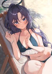 absurdres beach beach_chair bikini blue_archive blue_bikini blue_eyes blush bracelet breasts chair cleavage deck_chair folding_chair freshbeef frills hair_between_eyes halo highres jewelry large_breasts long_hair long_hair_between_eyes mechanical_halo navel palm_leaf ponytail purple_hair sand sweat swimsuit very_long_hair yuuka_(blue_archive)