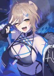 1girl absurdres ahoge animal_ears bare_shoulders black_choker black_gloves black_jacket black_shirt breasts brown_hair choker cleavage crop_top fang fingerless_gloves gloves halterneck hand_up hazumi_aileen highres indie_virtual_youtuber jacket jewelry komito_(komito5310) large_breasts lion_ears lion_tail long_sleeves looking_at_viewer medium_hair midriff mole mole_on_breast nail_polish navel necklace off_shoulder one_eye_closed open_clothes open_jacket open_mouth panty_straps second-party_source shirt sleeveless sleeveless_shirt smile solo spaghetti_strap stomach tail virtual_youtuber yellow_eyes