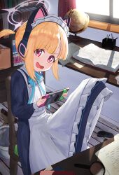 1girl absurdres animal_ear_headphones animal_ears apron art_kakuu black_dress blonde_hair blue_archive blue_ribbon book bookshelf cat_ear_headphones desk dress fake_animal_ears frilled_apron frills globe halo handheld_game_console headphones highres holding holding_handheld_game_console indoors knee_up magnifying_glass maid maid_apron maid_headdress momoi_(blue_archive) momoi_(maid)_(blue_archive) open_book open_mouth pantyhose pink_eyes pink_halo ribbon sidelocks sitting solo table white_apron white_pantyhose window