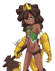 1girl armor artist_name axe bare_shoulders breasts brown_hair closed_mouth crown dark-skinned_female dark_skin dated female_focus gauntlets gem green_eyes highres leaf nanaeljustice navel original rock sharp_teeth skull_princess:_before_the_red_moon small_breasts smile solo stomach teeth white_background