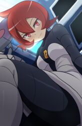 1girl black_bodysuit blurry blurry_background blush bodysuit breasts closed_mouth commentary curakuru feet_out_of_frame from_below hair_between_eyes highres indoors looking_at_viewer mars_(pokemon) medium_breasts nintendo pokemon pokemon_dppt red_eyes red_hair short_hair smirk solo split_mouth
