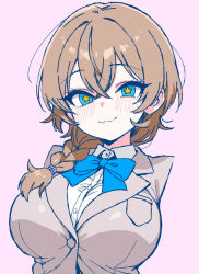 1girl :3 blue_bow blue_eyes blush bow bowtie braid breasts brown_hair bungeiman_masa large_breasts looking_at_viewer original simple_background single_braid star-shaped_pupils star_(symbol) symbol-shaped_pupils upper_body