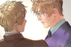Rule 34 | 2boys, absurdres, ahoge, america (hetalia), artist name, axis powers hetalia, blonde hair, blue-framed eyewear, blue eyes, brown jacket, chinese commentary, closed mouth, collared shirt, commentary request, formal clothes, glasses, highres, jacket, looking at another, male focus, multiple boys, necktie, purple jacket, purple necktie, semi-rimless eyewear, shirt, short hair, simple background, smile, suit, suit jacket, united kingdom (hetalia), white background, white shirt, zhongerweiyuan