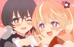+_+ 2girls 3d black_hair blender_(medium) blonde_hair blush bright_pupils cel_rendering dot_nose flower glasses grey_hair hair_flower hair_ornament hand_up heart heart_hands heart_hands_duo long_sleeves looking_at_viewer medium_hair multicolored_eyes multicolored_hair multiple_girls one_eye_closed open_mouth orange_hair pink_eyes portrait purple_eyes red_background rin_(rinrinne) rinne_(rinrinne) rinrinne rinrinne39_(artist) semi-rimless_eyewear short_hair siblings simple_background sisters smile streaked_hair two_side_up virtual_youtuber white_pupils