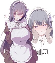 1girl anger_vein apron black_hair blush breasts cheek_pinching dress gloves heart heart_hands highres indie_virtual_youtuber large_breasts long_hair long_sleeves looking_at_viewer maid maid_apron maid_headdress pinching purple_eyes rapid17 simple_background spoken_anger_vein white_apron white_background white_gloves