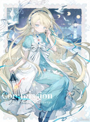 1girl absurdly_long_hair bird black_hairband black_ribbon black_shoes blonde_hair blue_dress blue_eyes blue_ribbon blue_socks border bow bowtie chinese_commentary closed_mouth commentary_request commission dot_nose dress earrings eyelashes fire frilled_sleeves frills full_body hair_ribbon hairband hand_in_own_hair highres holding holding_lantern house island jewelry koiliblikas lantern layered_dress light_blush lighthouse long_dress long_hair looking_at_viewer mismatched_earrings moon_phases musical_staff night night_sky ocean original outdoors outside_border puffy_short_sleeves puffy_sleeves ribbon seagull shoes short_sleeves sky smile socks solo star_(symbol) striped_bow striped_bowtie striped_clothes swept_bangs treble_clef very_long_hair white_border white_bow white_bowtie white_dress