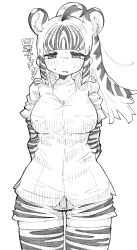 1girl animal_ears animal_print black_hair blush breasts cleavage detroit893 extra_ears gloves highres hot kemono_friends kemono_friends_3 large_breasts long_hair long_sleeves looking_at_viewer multicolored_hair open_collar open_mouth plains_zebra_(kemono_friends) shirt short_sleeves skirt solo striped_hair sweat thighhighs two-tone_hair white_hair zebra_ears zebra_girl zebra_print zebra_tail