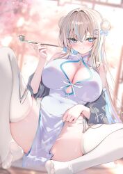 1girl blue_eyes blue_hair blush breasts brown_hair china_dress chinese_clothes cleavage cleavage_cutout closed_mouth clothing_cutout commentary_request double_bun dress fingernails hair_between_eyes hair_bun hand_up holding holding_smoking_pipe large_breasts long_hair multicolored_hair original pelvic_curtain pon_(ponidrop) sleeveless sleeveless_dress smile smoking_pipe solo streaked_hair thighhighs very_long_hair white_dress white_thighhighs