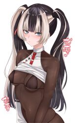 1girl absurdres black_bra black_hair blush bodystocking bra breasts closed_mouth clothes_lift collarbone commentary_request covered_navel crop_top ekibyoudayo highres hololive hololive_dev_is juufuutei_raden long_hair medium_breasts multicolored_hair paid_reward_available shirt_lift simple_background solo twintails two-tone_hair underwear very_long_hair white_background white_hair