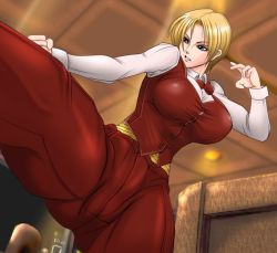 1girl blonde_hair blue_eyes breasts female_focus fighting_stance foreshortening formal_clothes kicking king_(snk) large_breasts mokusa pant_suit pants ryuuko_no_ken shirt short_hair snk solo suit the_king_of_fighters tight_clothes tight_shirt vest