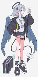 1girl angel_wings ankle_boots arm_up black_boots black_halo black_jacket black_nails black_skirt black_tail blue_socks blue_wings blush boots bow briefcase clothes_writing commentary_request curled_tail demon_tail drawstring earrings english_text fallen_angel feathered_wings fingernails flat_chest footwear_bow full_body grey_background grey_eyes grey_hair grey_shorts hair_between_eyes hair_ornament halo hand_on_own_hip highres holding hood hood_down hooded_jacket id_card jacket jewelry kaneni lanyard light_blush long_eyelashes long_legs long_sleeves looking_at_object magic medium_hair microskirt nose_blush open_clothes open_jacket open_mouth original print_shirt profile puffy_long_sleeves puffy_sleeves shirt short_shorts shorts shorts_under_skirt sidelocks simple_background skirt skull_and_crossbones skull_earrings skull_hair_ornament smile socks solo standing tail tail_bow tail_ornament tail_ring teeth tendril thick_eyelashes thighs turtleneck turtleneck_shirt upper_teeth_only watch white_bow white_shirt wings wristwatch x_hair_ornament