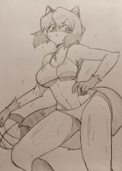 1girl animal_ears animal_nose ball basketball_(object) blush body_fur brand_new_animal breasts cleavage furry furry_female hand_on_own_hip highres holding holding_ball kagemori_michiru midriff mitsuba-sama_(milkba-ng) monochrome navel raccoon_ears raccoon_girl raccoon_tail sepia short_hair snout solo standing sweat tail traditional_media