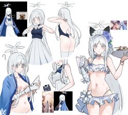 1girl ? absurdres alternate_costume animal_ears animalization armpits ass back backless_leotard bandaged_arm bandaged_hand bandages bikini bikini_skirt black_cat black_leotard blue_archive blue_bow blue_bowtie blue_haori blush bow bowtie bracelet breasts breasts_apart cat cat_ears choker clipboard closed_mouth clothes_lift collarbone colored_eyelashes commentary_request cosplay fake_animal_ears flower food frilled_bikini frilled_bikini_top frills frown groin hair_flower hair_intakes hair_ornament halo halterneck haori high-waist_skirt highleg highleg_bikini highres holding holding_clipboard holding_plate hoshirapu jacket jacket_on_shoulders japanese_clothes jewelry kikyou_(blue_archive) leotard lifting_own_clothes long_hair long_skirt looking_at_viewer looking_down maid_headdress meme mixed-language_commentary multiple_views nagusa_(blue_archive) naked_jacket navel neuron_activation_(meme) official_art_inset parted_bangs parted_lips pearl_bracelet photoshop_(medium) plate pleated_skirt purple_flower reference_inset sailor_collar sailor_shirt school_uniform serafuku shirt shirt_lift shizuko_(blue_archive) shizuko_(blue_archive)_(cosplay) shizuko_(swimsuit)_(blue_archive) simple_background skirt sleeveless sleeveless_shirt split_mouth stomach straight_hair strapless strapless_leotard sweatdrop swimsuit thighhighs thighs underboob very_long_hair waitress white_background white_bikini white_choker white_eyelashes white_flower white_hair white_halo white_sailor_collar white_serafuku white_shirt white_skirt white_thighhighs