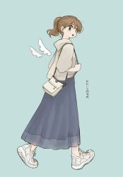 1girl absurdres azumaya_toushirou blue_background blue_skirt brown_eyes brown_hair detached_wings earrings from_side full_body grey_bag grey_hoodie highres hood hood_down hoodie jewelry long_skirt open_mouth original ponytail shoes short_sleeves simple_background skirt smile sneakers solo walking white_shoes white_wings wings