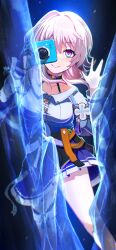 1girl absurdres acorn badge black_choker black_corset black_gloves blue_eyes breasts button_badge buttons camera choker collarbone commentary_request corset cropped_legs flower_ornament gloves hair_between_eyes hands_up highres holding holding_camera honkai:_star_rail honkai_(series) ice jacket looking_at_viewer making-of_available march_7th_(honkai:_star_rail) march_7th_(preservation)_(honkai:_star_rail) medium_breasts medium_hair miniskirt multicolored_eyes ogata_sai partially_fingerless_gloves pink_eyes pink_hair pleated_skirt single_glove skirt smile solo thigh_strap tied_jacket two-tone_eyes underbust ||/